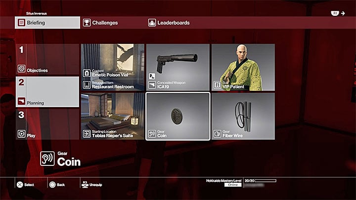 The option to choose your equipment is only available at Hokkaidos Mastery Level 20 - Location map - M8 | Hokkaido - Hokkaido: Situs Inversus - Hitman Game Guide