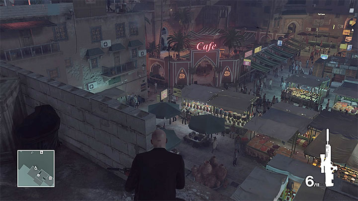 An ideal vantage point is on the rooftop of one of the buildings neighboring the carpet shop (the above screenshot) (M10,16) - Murdering both targets | Marrakesh: A House Built on Sand - Summer Episode - Marrakesh: A House Built on Sand - Hitman Game Guide