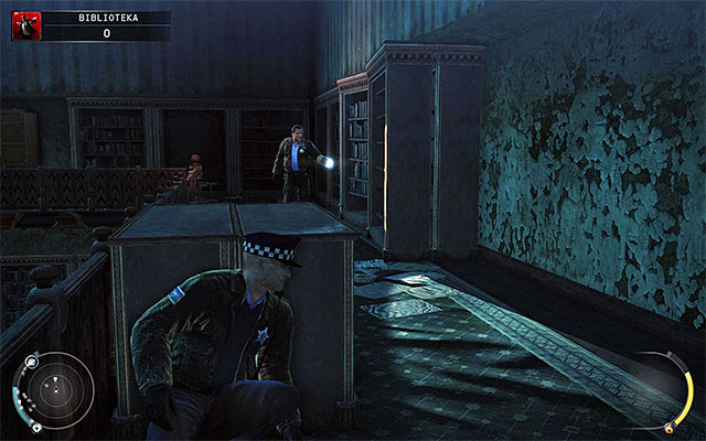 If, in turn, you start at the upper balcony, then youll encounter one or two policemen on your way - The Library - Crossing the second part of the library | 4: Run For Your Life - 4: Run For Your Life - Hitman: Absolution Game Guide