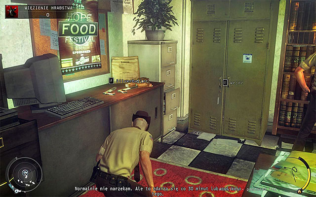 It is very important not to being noticed by a cop, who walks between desks, stopping alternatively at the one with Silverballers and one located on the right (it happens regardless of difficulty setting) - County jail | 16: Operation Sledgehammer - 16: Operation Sledgehammer - Hitman: Absolution Game Guide