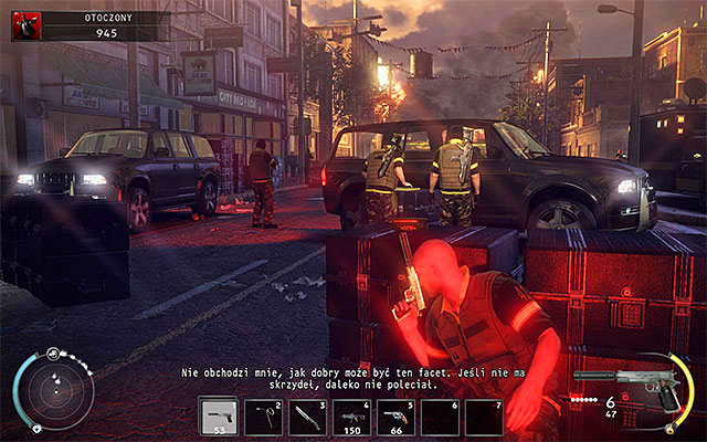 Once you get to one of main city streets, carefully sneak past enemies here, using boxes and parked cars as covers - Outgunned | 16: Operation Sledgehammer - 16: Operation Sledgehammer - Hitman: Absolution Game Guide