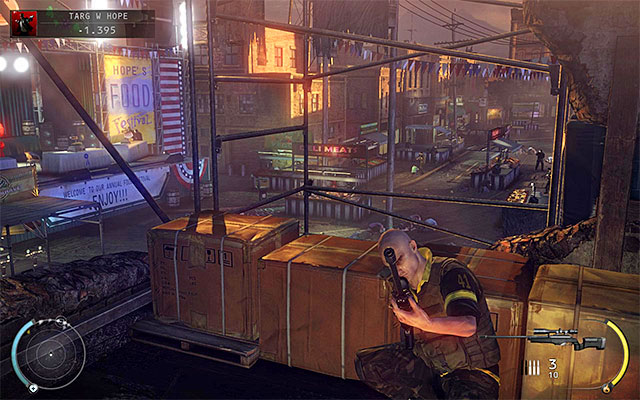 The best spot to place yourself with the sniper rifle is the place shown on the above screen - Hope Fair | 16: Operation Sledgehammer - 16: Operation Sledgehammer - Hitman: Absolution Game Guide