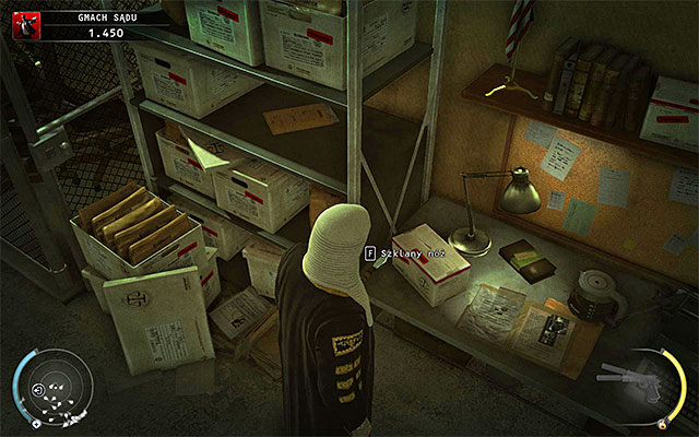 Look around carefully (it would be best to use judge or court usher disguise), finding a glassy shiv at the spot shown on the above screen - 15: Skurkys Law - p. 2 | Challenges - Challenges - Hitman: Absolution Game Guide