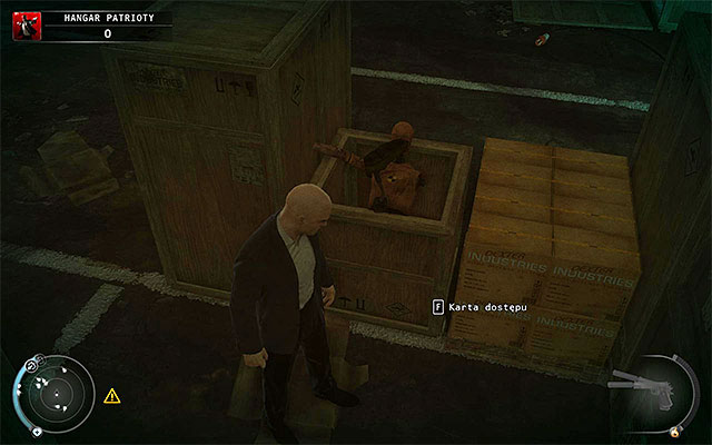 If you want to get to the next location in a traditional way, without showing up on the ring disguised as Patriot, you have to find a keycard, lost by one of the guards - Patriots Hangar - Using a keycard | 13: Fight Night - 13: Fight Night - Hitman: Absolution Game Guide