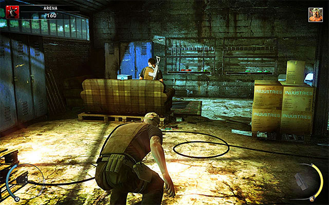 The person in the right room sits on the couch, so it is best to distract him with a throwable object - The Arena - Exploring the arena | 13: Fight Night - 13: Fight Night - Hitman: Absolution Game Guide