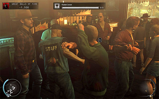 After starting the fight in the bar youll have to decide how you want to behave - Great Balls of Fire - Getting to the bartender after starting a fight | 7: Welcome to Hope - 7: Welcome to Hope - Hitman: Absolution Game Guide