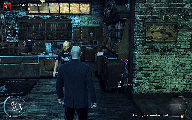 Return now to the starting place, but do not run not to attract unnecessary attention - Gun Shop - Getting the key to the cabinet | 8: Birdies Gift - 8: Birdies Gift - Hitman: Absolution Game Guide