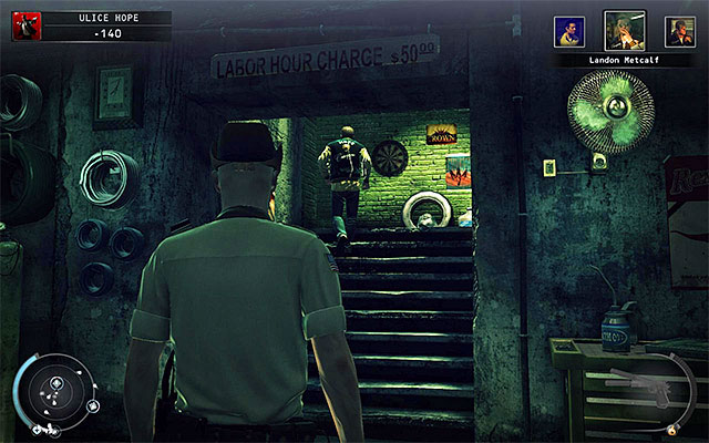 If you start exploring the car garage in the ground floor, then start locating the stairs shown on the above screen as fast as you can - Streets of Hope - Murdering Landon Metcalf | 9: Shaving Lenny - 9: Shaving Lenny - Hitman: Absolution Game Guide