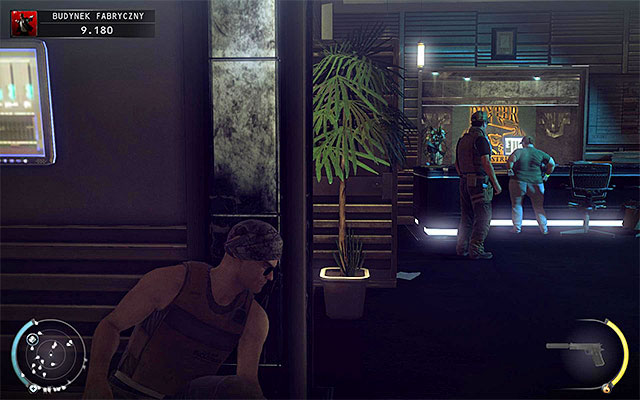 Carefully move through the corridor connecting reception with lobby, reaching the place shown on the above screen - Factory Compound - Accessing the factory building lobby | 11: Dexter Industries - 11: Dexter Industries - Hitman: Absolution Game Guide
