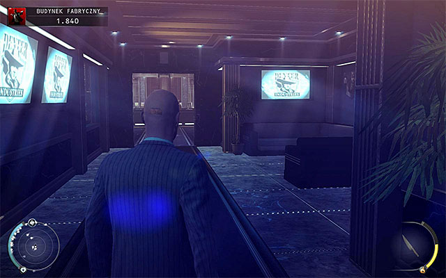 If you get inside the factory building using the side entrance for staff and special guests, then you will have to walk through not long corridor - Factory Compound - Accessing the factory building lobby | 11: Dexter Industries - 11: Dexter Industries - Hitman: Absolution Game Guide