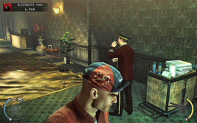 The best place to attack him is a large room with movie projector (screen 1) or a corridor at the back of the security room (screen 2) - Blackwater Park - Unlocking access to the lift | 18: Blackwater Park - 18: Blackwater Park - Hitman: Absolution Game Guide