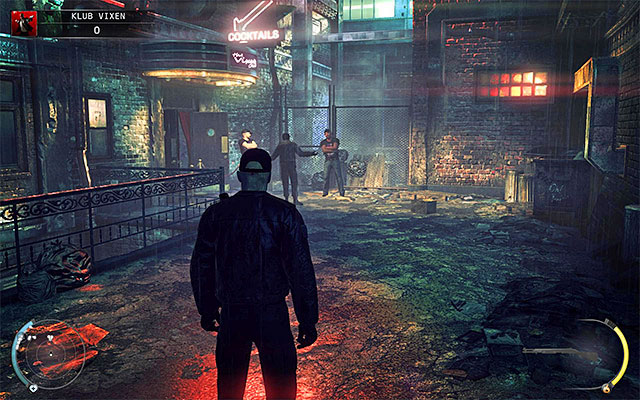It doesnt matter whether you choose a left or right exit from the building, because sooner or later youll get to the Vixen club entrance - The Vixen Club - Getting inside the club | 5: Hunter and Hunted - 5: Hunter and Hunted - Hitman: Absolution Game Guide