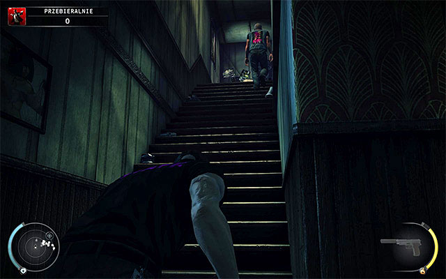 It is much better to get to the smaller staircase - the one which is patrolled by one of previously mentioned bouncers (on higher difficulty levels) - Dressing Rooms | 5: Hunter and Hunted - 5: Hunter and Hunted - Hitman: Absolution Game Guide
