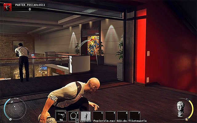 Note a single guard patrolling the upper mansion balcony - Mansion ground floor | 1: Personal Contract - 1: Personal Contract - Hitman: Absolution Game Guide