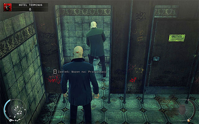 Enter the hotel and look around the lobby, remembering not to approach stairs leading to the elevator (unless you plan to fight enemies) - Terminus Hotel - Exploring the ground floor and side alleys | 3: Terminus - 3: Terminus - Hitman: Absolution Game Guide