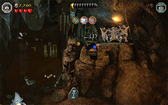 Bounce off Bombur, and try to reach the upper-right ledge - Stage 5 (The Troll Hoard): Explore the cave | Walkthrough | LEGO The Hobbit - Walkthrough - LEGO The Hobbit Game Guide & Walkthrough