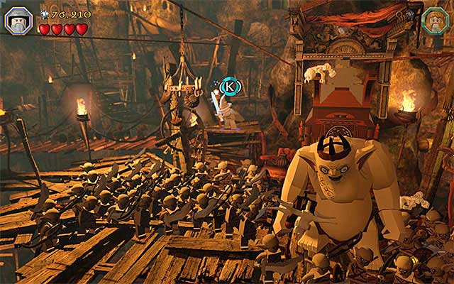 Hold down the key for Gandalfs special attack - Stage 7 (Goblin-town): The first battle with Great Goblin | Walkthrough - Walkthrough - LEGO The Hobbit Game Guide & Walkthrough