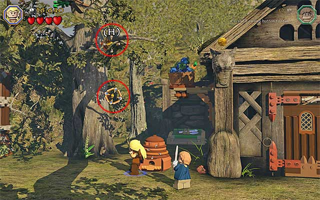 You need to use the bow and then, as an elf, grab the arrows stuck into the tree - Stage 9 (Queer Lodgings) | Main Stages - Collectibles - Main Stages - Collectibles - LEGO The Hobbit Game Guide & Walkthrough