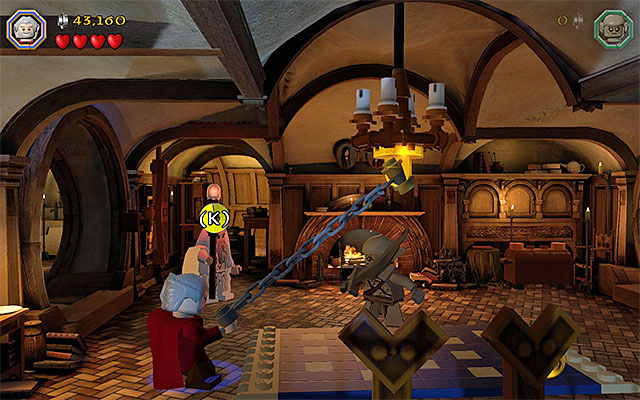 Use the flail to make the chandelier fall down and use the spade - Stage 2 (An Unexpected Party) | Main Stages - Collectibles - Main Stages - Collectibles - LEGO The Hobbit Game Guide & Walkthrough