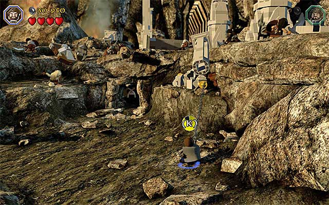 The final, third, part of the battle starts at the moment, at which Azog moves over to the upper-right ledge - Stage 3 (Azog the Defiler): The battle with Azog the Defiler | Walkthrough - Walkthrough - LEGO The Hobbit Game Guide & Walkthrough