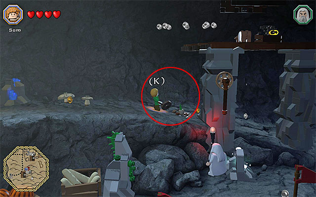 Smash the objects at the bottom level of the left part of the cave - Mithril bricks locations (1-15) | Middle Earth - Mithril LEGO bricks - Middle Earth - Mithril LEGO bricks - LEGO The Hobbit Game Guide & Walkthrough