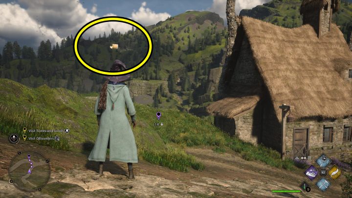 Next Flying Guide Page #15 (Hogsmeade) is at a small hut near the water wheel in the northern part of the village - Hogwarts Legacy: Field Guide Pages Part 2 - Hogsmeade - Hogwarts Legacy: Hogsmeade Collectibles - Hogwarts Legacy Guide