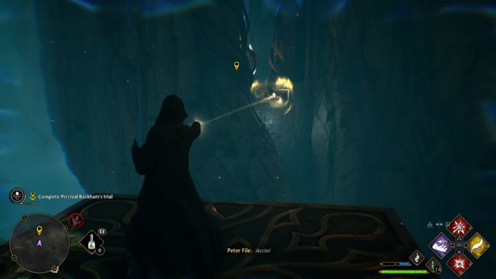 Continue using Accio as you find yourself on a new platform - grab the left hitch and then a remote right hitch (screenshot) - Hogwarts Legacy: Percival Rackhams Trial - Hogwarts Legacy: Main quests - Hogwarts Legacy Guide