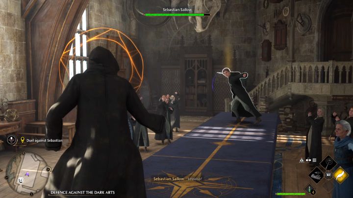 Sebastian can also attack you with Levioso and you have to defend yourself - after the circle appears above the your head, activate the Protego spell (Triangle/Y) - Hogwarts Legacy: Defence Against the Dark Arts Class - Hogwarts Legacy: Main quests - Hogwarts Legacy Guide
