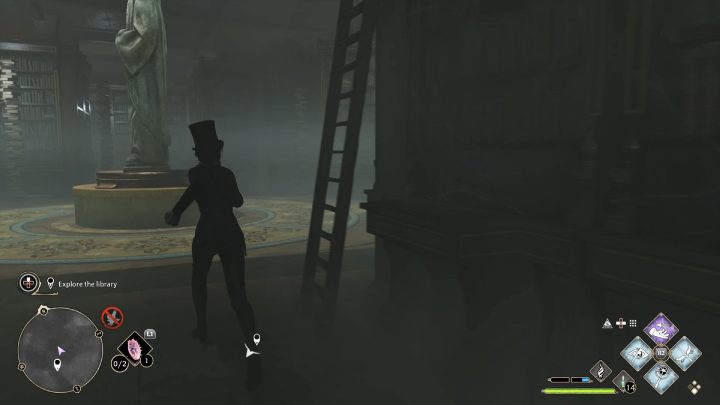 To reach the other side of the library, go past a stone statue - Hogwarts Legacy: Minding Your Own Business - Hogwarts Legacy: Hogsmeade Side Quests - Hogwarts Legacy Guide