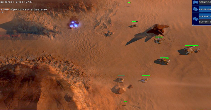 As for the remaining two passages, build two turrets there (behind rocks, to prevent them from being destroyed by RGs), deploy wide two AAVs a bit ahead, opposite the passage and two RGs a bit behind them, in the middle (AAVs will take initial damage and let the rest of the units attack) - Mission 5 - Kalash Wreck - Campaign mode walkthrough - Homeworld: Deserts of Kharak Game Guide