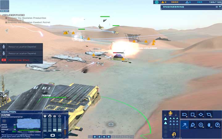 Stop Kapisi by the second small resource storage, behind the first Production Cruiser. - Mission 6 - Beladin Dune Sea - Campaign mode walkthrough - Homeworld: Deserts of Kharak Game Guide