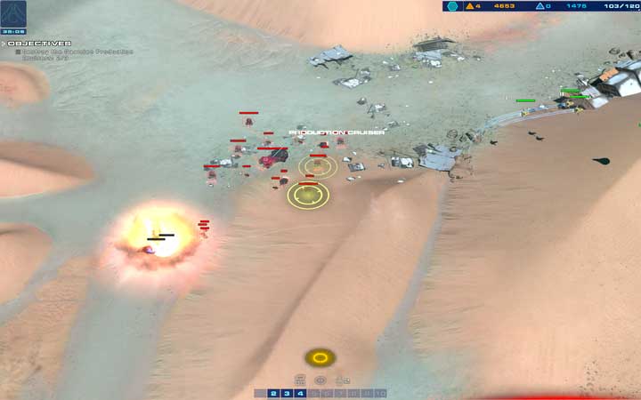 It is very easy to bombard the defenses of Production Cruisers, but be careful because they may respond with fire. - Mission 6 - Beladin Dune Sea - Campaign mode walkthrough - Homeworld: Deserts of Kharak Game Guide