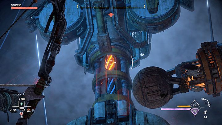 Destroying the lower hooks won't be enough - you must now destroy the upper couplings as well , as pictured above - Horizon Forbidden West: Deaths Door - walkthrough - Main Storyline - Horizon Forbidden West Guide