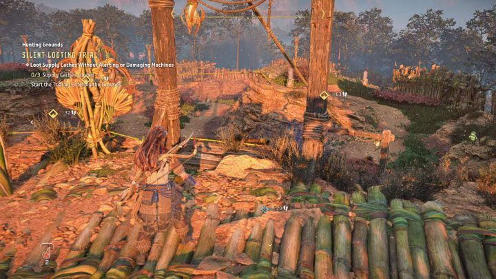 This trial tasks you with looting supply caches while staying undetected by the patrolling machines (you can lightly alert them, but then you must wait for their yellow condition to end) - Horizon Forbidden West: Hunting Grounds: Plainsong - Hunting Trials - Hunting grounds - Horizon Forbidden West Guide