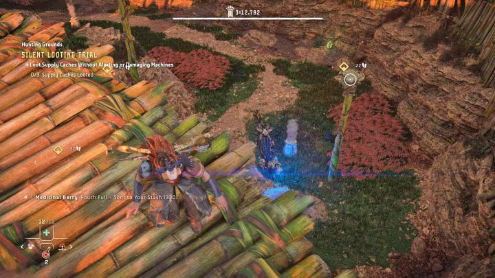 Before you loot the first cache wait until the patrolling Burrower finishes a scan and goes in the opposite direction - Horizon Forbidden West: Hunting Grounds: Plainsong - Hunting Trials - Hunting grounds - Horizon Forbidden West Guide