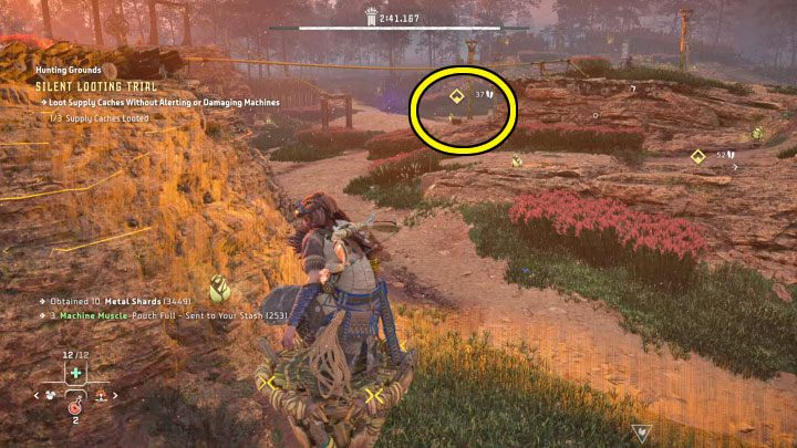 We suggest you loot the center cache second, as it's relatively close to the one you just reached - Horizon Forbidden West: Hunting Grounds: Plainsong - Hunting Trials - Hunting grounds - Horizon Forbidden West Guide