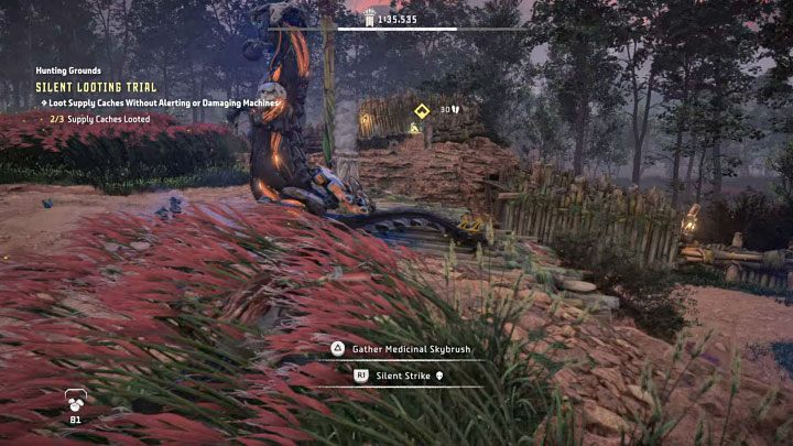 On your way to the final cache you can choose the same path one of the machines is patrolling - Horizon Forbidden West: Hunting Grounds: Plainsong - Hunting Trials - Hunting grounds - Horizon Forbidden West Guide