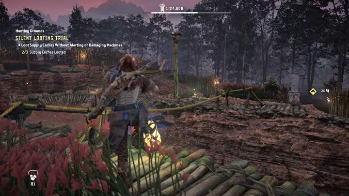 You can walk along a hanging rope to reach the third cache, although you may also pull yourself towards one of the poles - Horizon Forbidden West: Hunting Grounds: Plainsong - Hunting Trials - Hunting grounds - Horizon Forbidden West Guide