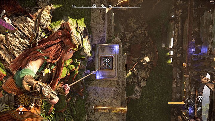 Turn toward the wall of the skyscraper and, using focus mode, locate more of the yellow climbing-related elements - Horizon Forbidden West: Forbidden Legacy - Alvas quest, walkthrough - Tasks of companions - Horizon Forbidden West Guide