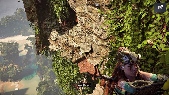 The next challenging part of the climb is pictured in the attached screenshot - Aloy has to make a backwards jump while grabbing the handle mid-jump - Horizon Forbidden West: Forbidden Legacy - Alvas quest, walkthrough - Tasks of companions - Horizon Forbidden West Guide