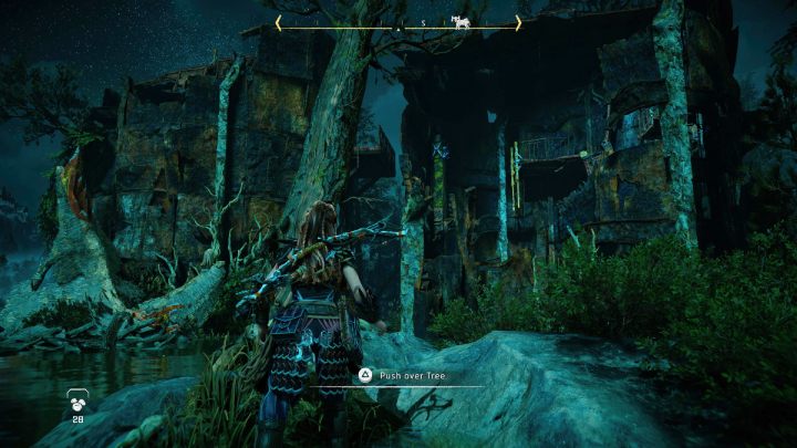 Swim up to the metal tower and knock over a tree to unlock the way inside - Horizon Forbidden West: The Deluge - walkthrough - Side quests - Horizon Forbidden West Guide