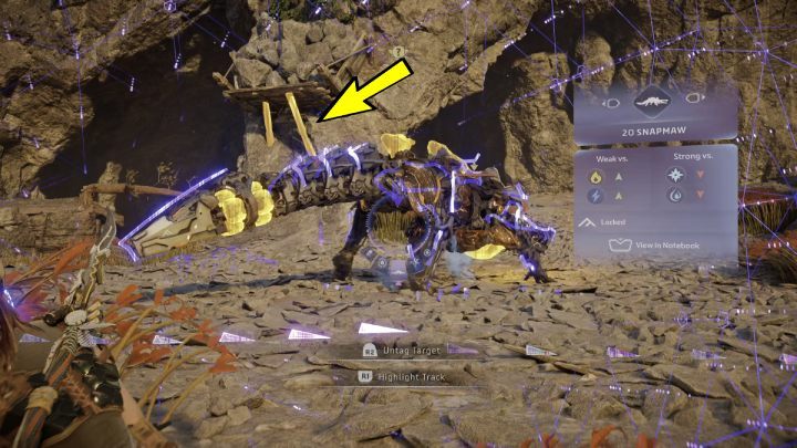 To quickly dispatch the remaining machines shoot the beams attached to the rock when the Snapmaw is walking past them - Horizon Forbidden West: The Deluge - walkthrough - Side quests - Horizon Forbidden West Guide