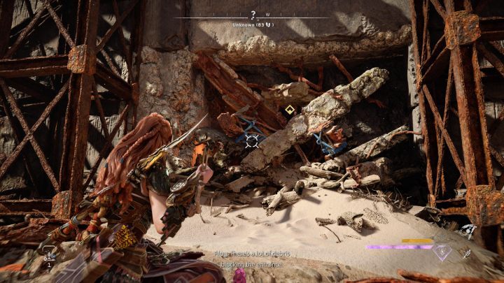 Go to the marked spot in the western area of the village and pull out some blue objects to clear the debris blocking the way to the Gouge - Horizon Forbidden West: The Deluge - walkthrough - Side quests - Horizon Forbidden West Guide