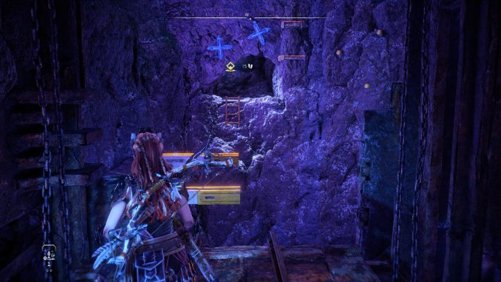 Jump onto the metal beams and pull out two blue elements from the rock - Horizon Forbidden West: The Deluge - walkthrough - Side quests - Horizon Forbidden West Guide