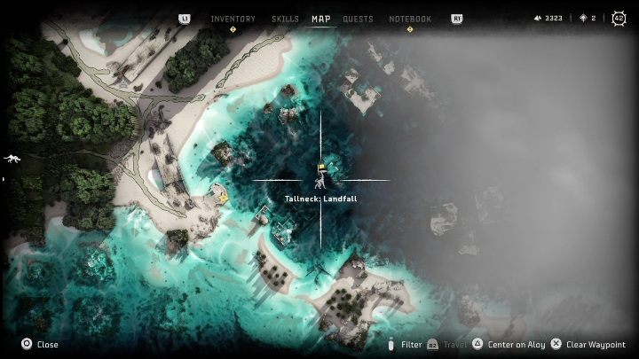 The Landfall Tallneck is located on an island and to access it, you need to complete the Faro's Tomb main quest - Horizon Forbidden West: Tallneck (Landfall) - location - Landfall - Horizon Forbidden West Guide