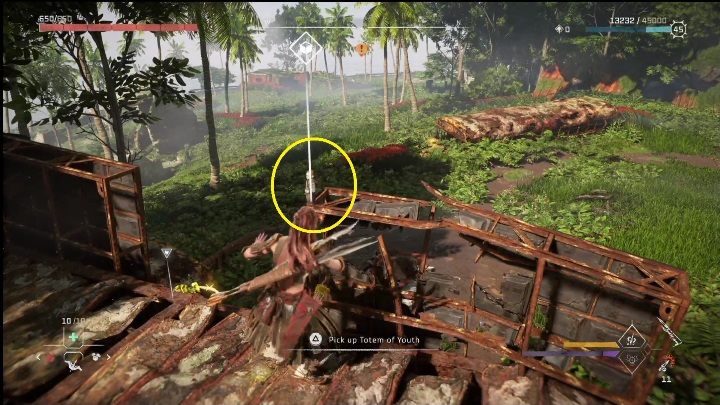 The collectible is on the destroyed metal bridge - Horizon Forbidden West: War Totems - list of all - Secrets & Collectibles - Horizon Forbidden West Guide