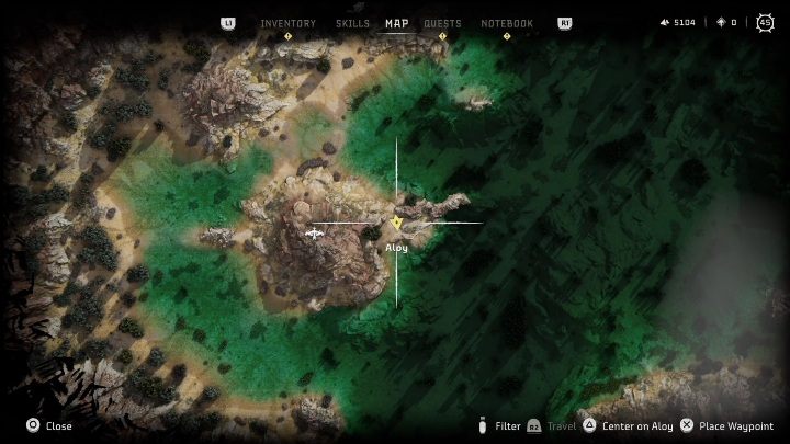 This totem is on a small island in the southern part of Cinnabar Sands - Horizon Forbidden West: War Totems - list of all - Secrets & Collectibles - Horizon Forbidden West Guide