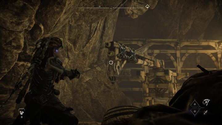 Use the Pullcaster to pull the wooden object closer, then jump onto it and onto the tracks - Horizon Forbidden West: Deep Trouble - walkthrough - Side quests - Horizon Forbidden West Guide
