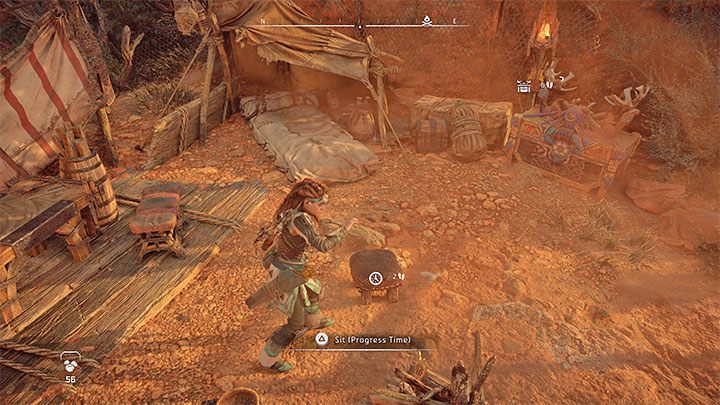 After reaching a shelter ignore the campfire and interact with the stool Aloy can sit on - Horizon Forbidden West: How to change time of day? - World and game information - Horizon Forbidden West Guide