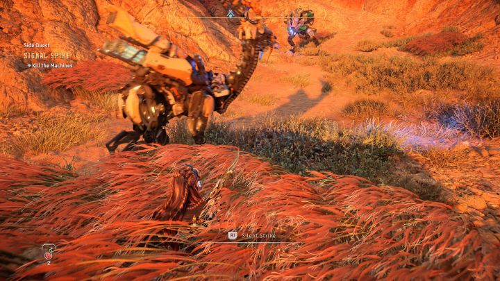Hide in the grass and wait for the Ravager and the Bellowback to move away to a safe distance, and kill the Lancehorn first - Horizon Forbidden West: Signal Spike - walkthrough - Side quests - Horizon Forbidden West Guide